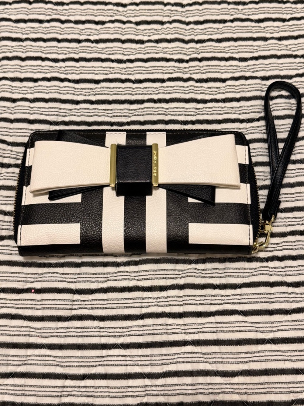 Betsey Johnson Black and White Striped Bow Wristlet Wallet